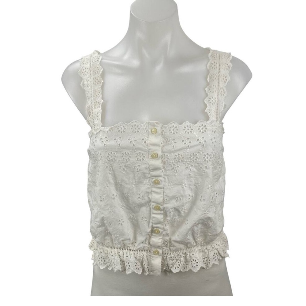 Gap x Doen White Floral Embroidered Sleeveless Ruffle Button Cami Tank Crop Top
